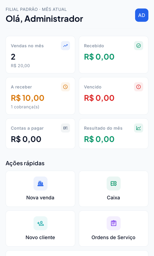 Tela de início do aplicativo do CashSpace, com vendas do mês, valores recebidos, a receber e vencidos, e atalhos para nova venda, caixa, novo cliente e ordens de serviço.