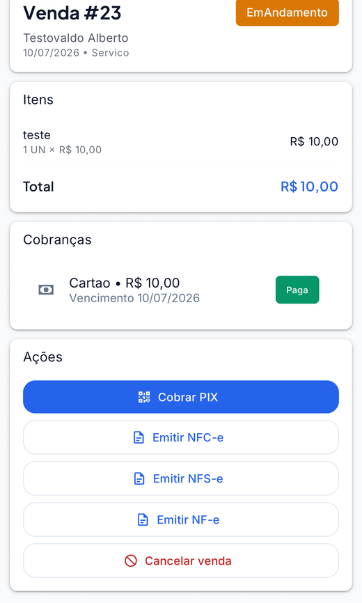 Detalhe de uma venda no CashSpace, mostrando itens, total, a cobrança gerada e os botões para cobrar por PIX e emitir NFC-e, NFS-e ou NF-e.
